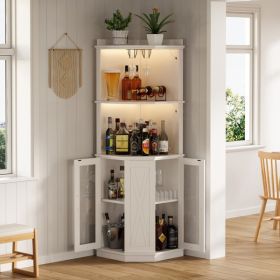 67.3" Corner Bar Cabinet with Power Outlet, Farmhouse Wine Bar Cabinet with Adjustable Shelves for Home,with Lights & Glass Rack for Dining Room