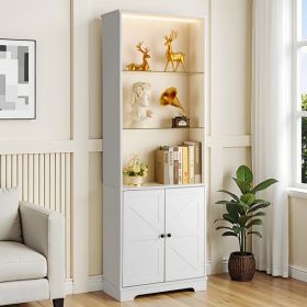 FCH 3-layer glass shelf with 2 doors double Z shape LED light strip front curved base feet triammine board 60*23.5*180cm display cabinet white