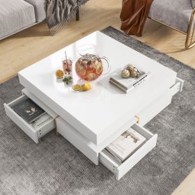ON-TREND Modern High Gloss Coffee Table with 4 Drawers, Multi-Storage Square Cocktail Tea Table with Wood Grain Legs, Center Table for Living Roo