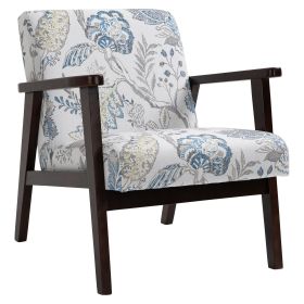 Mid-Century Modern Accent Chair Retro Fabric Armchair Wooden Arm Upholstered Lounge Chair for Living Room Floral