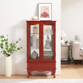 Lighted Glass Cabinet Glass Wine Cabinet Curio Display Cabinet with Adjustable Glass Shelves 2 Doors and 1 drawer Cabinet Bulb Included Cherry (Color: Cherry, Material: MDF+glass)