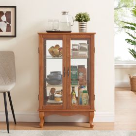 2 Doors Curio Cabinet with Tempered Glass Doors, Curio Cabinets with Mirrored Back Panel and Adjustable Shelves, Lighted Display Cabinet for Home (Color: Oak, Material: MDF+glass)